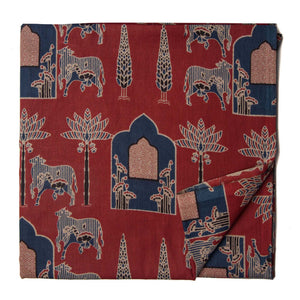 Blue and Maroon Printed Cotton Fabric with Bull print