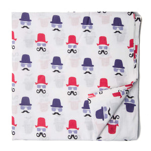 Red and Blue screen printed cotton fabric with man with moustache design