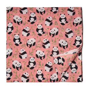 Peach and White Screen Printed Pure Cotton Fabric with Panda Animal design