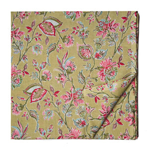 Pink and Green Screen Printed Pure Cotton Fabric with floral design