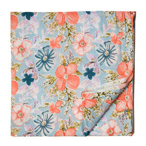 Blue and Orange Screen Printed Pure Cotton Fabric with floral design