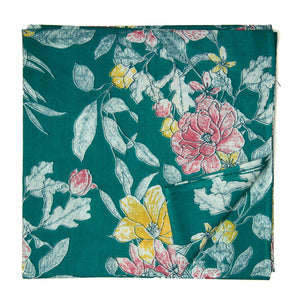 Green and White Printed Cotton Fabric with floral design