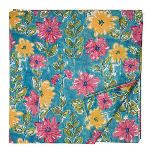 Blue and Yellow Printed Cotton Fabric with floral design