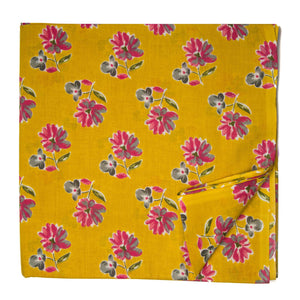 Yellow and Pink Screen Printed Pure Cotton Fabric with Floral Design