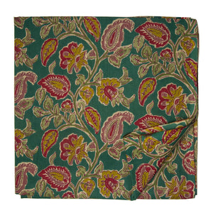 Green and Red Screen Printed Pure Cotton Fabric with Floral Design