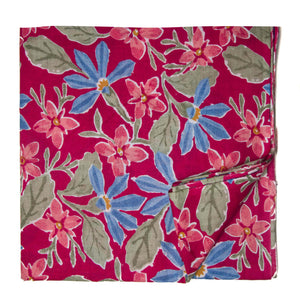 Red and Blue Screen Printed Pure Cotton Fabric with Floral Design