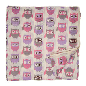 Pink and Lavender Screen printed Pure Cotton Fabric with owl bird print