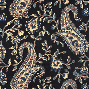 Blue and Black Screen printed pure cotton fabrics with floral and paisley print
