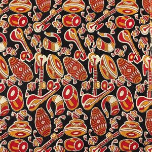 Red and Black Screen printed pure cotton fabrics with musical instruments print