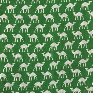 Green and Off white Screen printed pure cotton fabric with Camel print