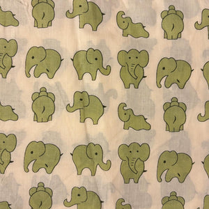 Green and Off white Screen printed pure cotton fabric with Elephant print