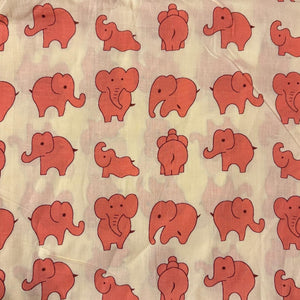 Pink and Off white Screen printed pure cotton fabric with Elephant print