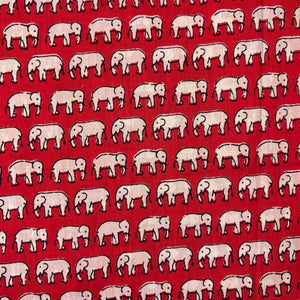 Red and Off white Screen printed pure cotton fabric with Elephant print