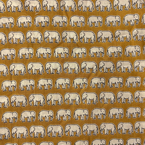 Yellow and Off white Screen printed pure cotton fabric with Elephant print