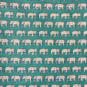 Blue and Off white Screen printed pure cotton fabric with Elephant print
