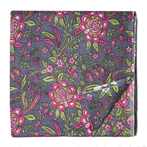 Grey and Pink Screen Printed Pure Cotton Fabric with floral print