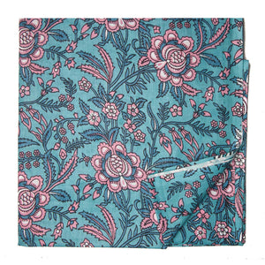 Blue and Pink Screen Printed Pure Cotton Fabric with floral print