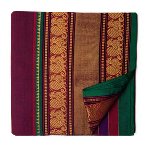 Maroon and Green Super Fine Pure South Cotton Fabric with Golden peacock border