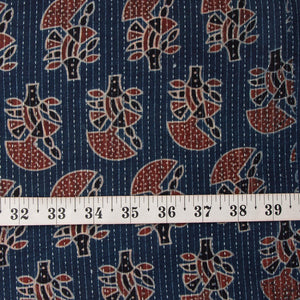 Precut 1 meter -Blue & Red Ajrakh Kantha Hand Block Printed Cotton Fabric