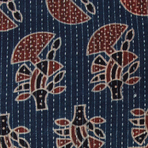 Precut 1 meter -Blue & Red Ajrakh Kantha Hand Block Printed Cotton Fabric