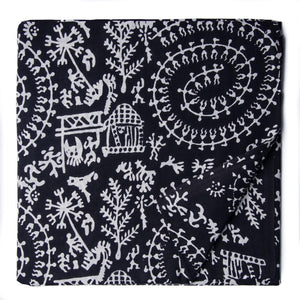 black and white Sanganeri Hand Block Printed Cotton Fabric with warli print