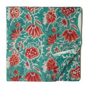 Green and orange Sanganeri Hand Block Printed Cotton Fabric with floral print