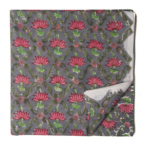 Grey and red Sanganeri Hand Block Printed Cotton Fabric with floral print