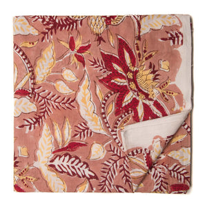 Peach and red Sanganeri Hand Block Printed Cotton Fabric with floral print