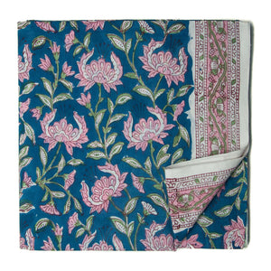 Blue and pink Sanganeri Hand Block Printed Cotton Fabric with floral print