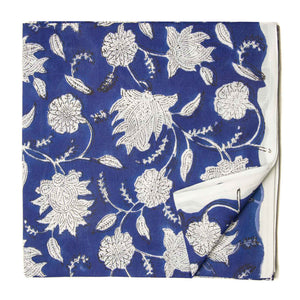 White and blue Sanganeri Hand Block Printed Cotton Fabric with floral print