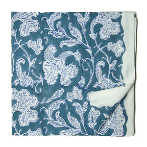 White and blue Sanganeri Hand Block Printed Cotton Fabric with floral print