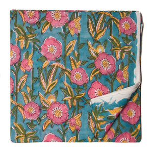 Pink and blue Sanganeri Hand Block Printed Cotton Fabric with floral print