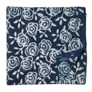 White and blue Sanganeri Hand Block Printed Cotton Fabric with floral print