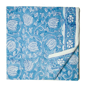 White and blue Sanganeri Hand Block Printed Cotton Fabric with floral print