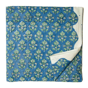 Blue and Green Sanganeri Hand Block Printed Cotton Fabric with floral design