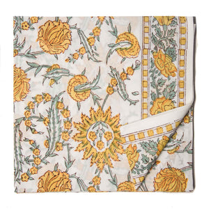 Yellow and White Sanganeri Hand Block Printed Cotton Fabric with floral design