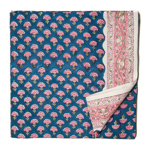 Blue and Pink Sanganeri Hand Block Printed Cotton Fabric with floral design