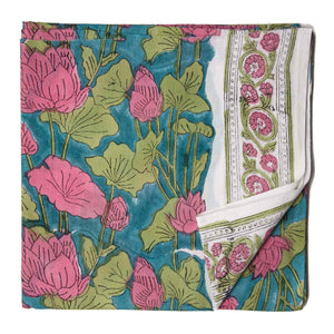 Green and Pink Sanganeri Hand Block Printed Cotton Fabric with floral design