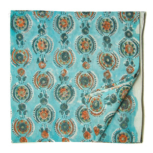 Blue and Orange Sanganeri Hand Block Printed Cotton Fabric with floral design