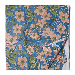 Blue and Peach Sanganeri Hand Block Cotton Fabric with floral print