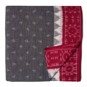 Red and Grey Ikat Handloom Cotton Fabric with Temple Border