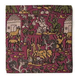 Pink and Yellow Kalamkari Screen Printed Cotton Fabric with animal and human figures