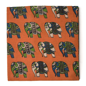 Orange and blue Kalamkari Screen Printed Cotton Fabric  with Elephant print