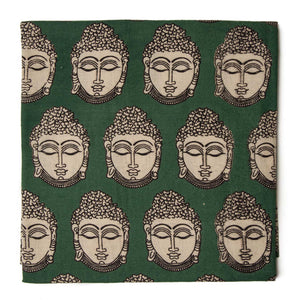 Green and Off white Kalamkari Screen Printed Cotton Fabric  with Buddha print
