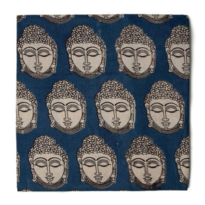 Blue and Off white Kalamkari Screen Printed Cotton Fabric  with Buddha print