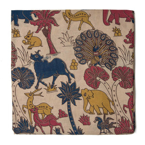 Blue and Yellow Kalamkari Screen Printed Cotton Fabric with animal and trees
