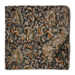 Black Kalamkari Handblock Printed Cotton fabric with floral print