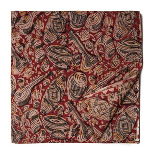 Red Kalamkari Handblock Printed Cotton fabric with musical instruments print
