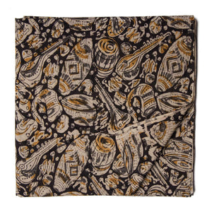 Black Kalamkari Handblock Printed Cotton fabric with musical instruments print