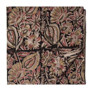 Black Kalamkari Handblock Printed Cotton fabric with floral print